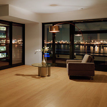View out over the water, parquet underfoot